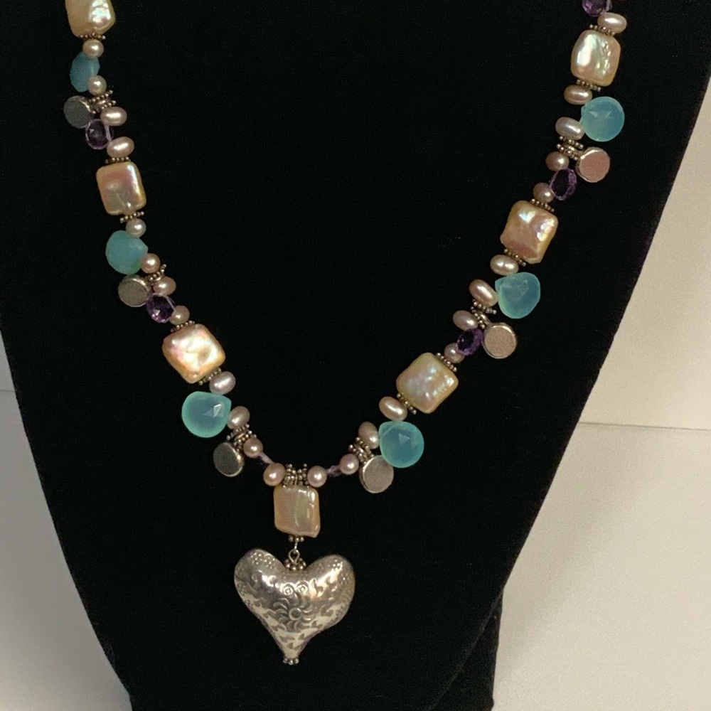 Vintage Sterling Silver Pearl Gemstone Necklace - Picture 5 of 9